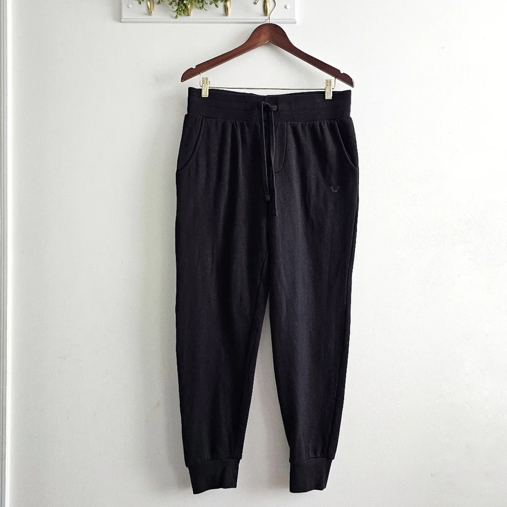 True Religion Shine Jogger Sweatpants Black Cotton Blend Logo Lounge Athletic S
